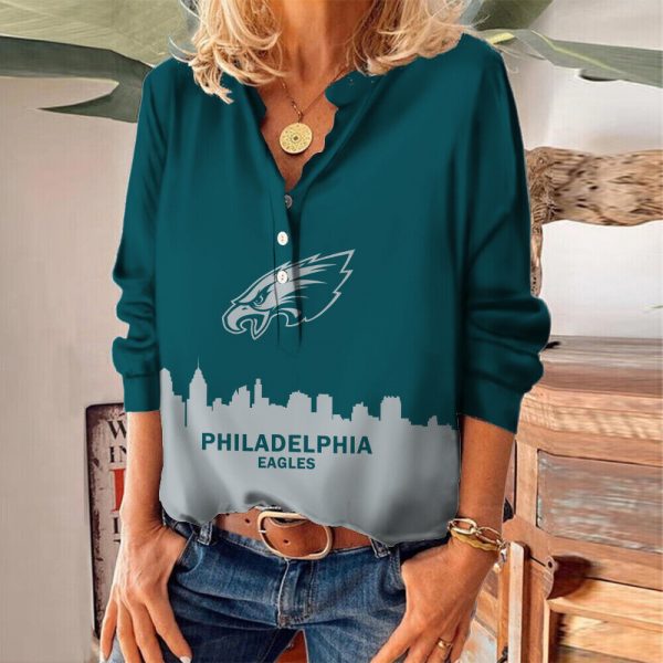 Philadelphia Eagles Women's Casual V Neck Shirts Long Sleeve Blouse Button Tops S9VLS090