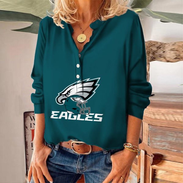 Philadelphia Eagles Women's Casual V Neck Shirts Long Sleeve Blouse Button Tops S9VLS091