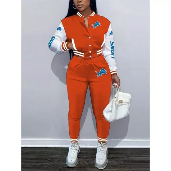 Detroit Lions Women's Outfits Varsity Jacket Crop Tops Sweatpants Tracksuit S9TRC090