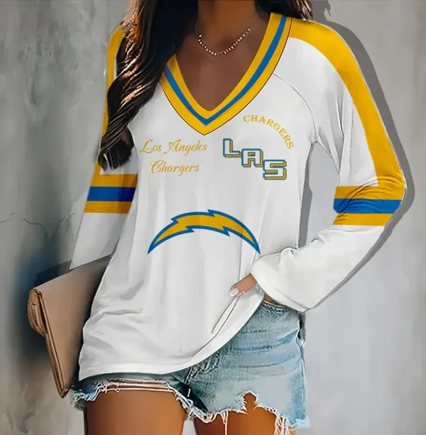 Los Angeles Chargers Women's V-neck Double-layered Long-sleeved Loose Shirt BGVPS076