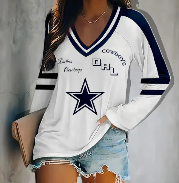 Dallas Cowboys Women's V-neck Double-layered Long-sleeved Loose Shirt BGVPS081