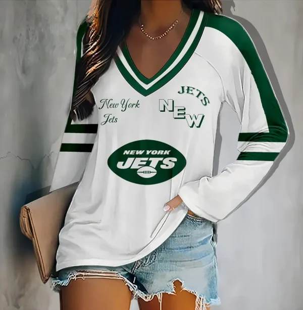 New York Jets Women's V-neck Double-layered Long-sleeved Loose Shirt BGVPS084