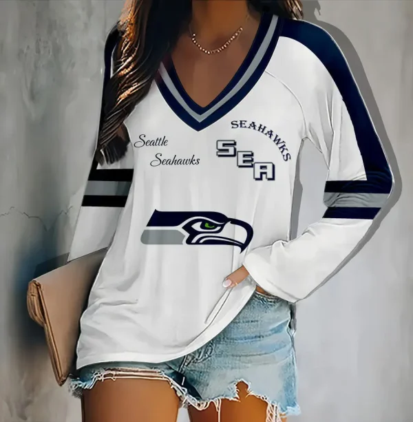 Seattle Seahawks Women's V-neck Double-layered Long-sleeved Loose Shirt BGVPS085