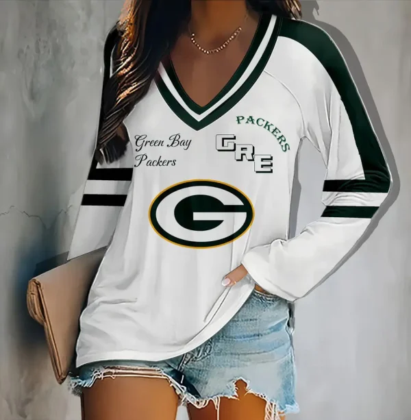 Green Bay Packers Women's V-neck Double-layered Long-sleeved Loose Shirt BGVPS086