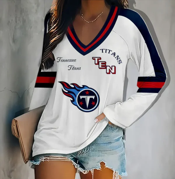 Tennessee Titans Women's V-neck Double-layered Long-sleeved Loose Shirt BGVPS090