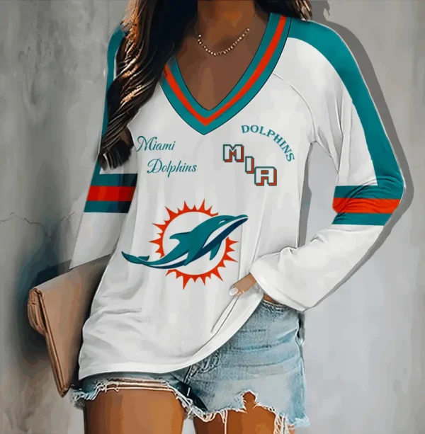 Miami Dolphins Women's V-neck Double-layered Long-sleeved Loose Shirt BGVPS092