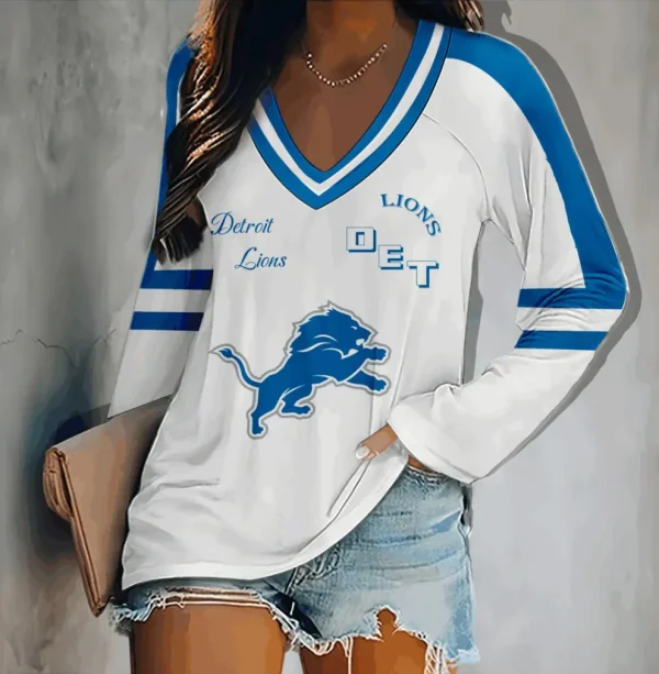 Detroit Lions Women's V-neck Double-layered Long-sleeved Loose Shirt BGVPS093