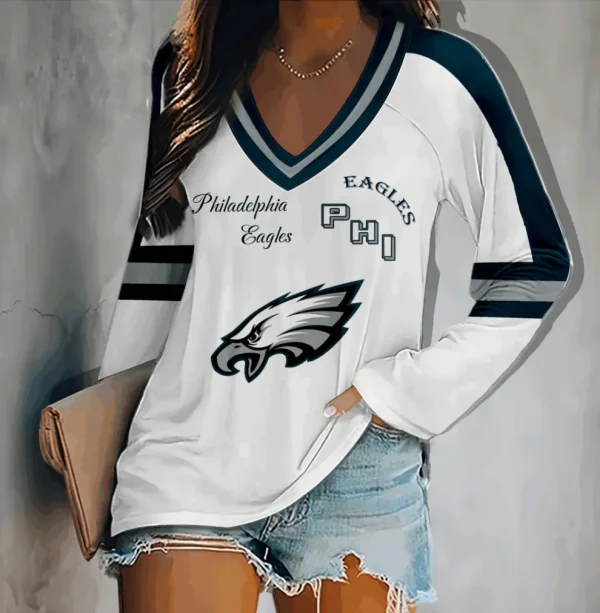 Philadelphia Eagles Women's V-neck Double-layered Long-sleeved Loose Shirt BGVPS094