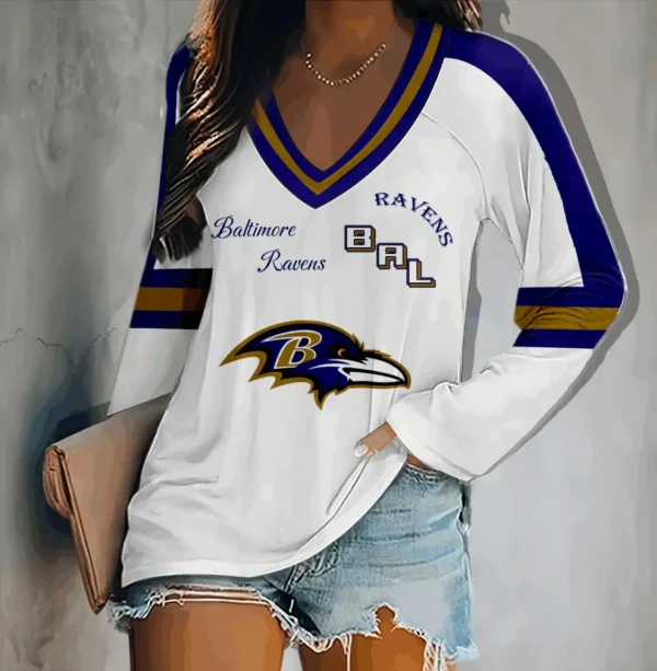 Baltimore Ravens Women's V-neck Double-layered Long-sleeved Loose Shirt BGVPS095