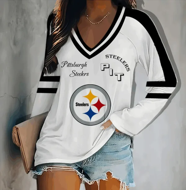 Pittsburgh Steelers Women's V-neck Double-layered Long-sleeved Loose Shirt BGVPS096