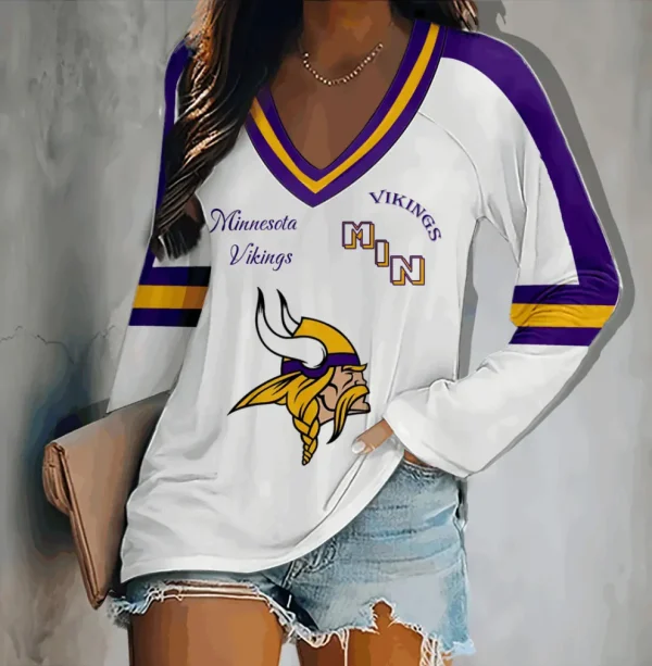 Minnesota Vikings Women's V-neck Double-layered Long-sleeved Loose Shirt BGVPS097