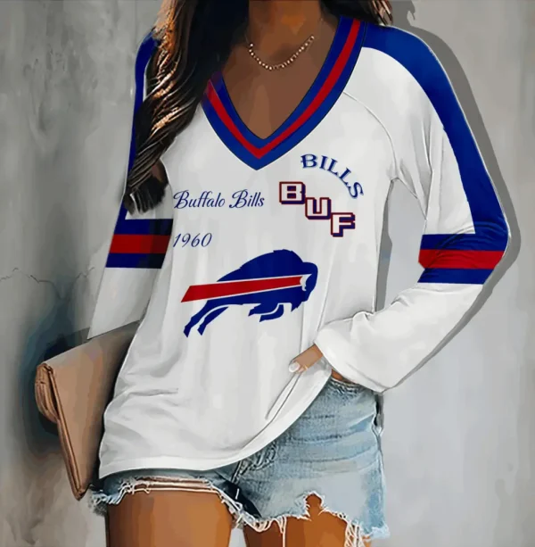 Buffalo Bills Women's V-neck Double-layered Long-sleeved Loose Shirt BGVPS098