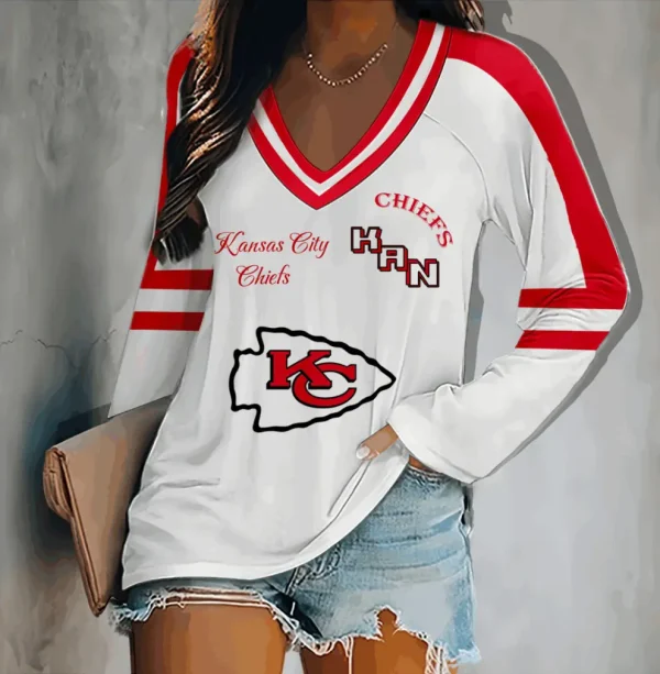 Kansas City Chiefs Women's V-neck Double-layered Long-sleeved Loose Shirt BGVPS099