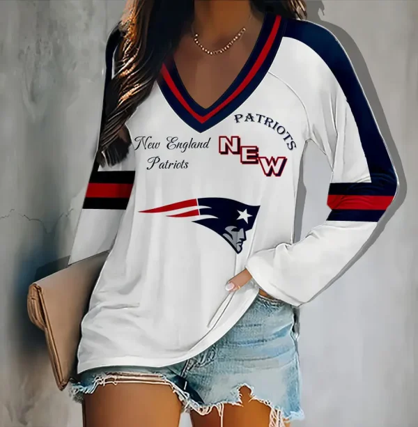 New England Patriots Women's V-neck Double-layered Long-sleeved Loose Shirt BGVPS102