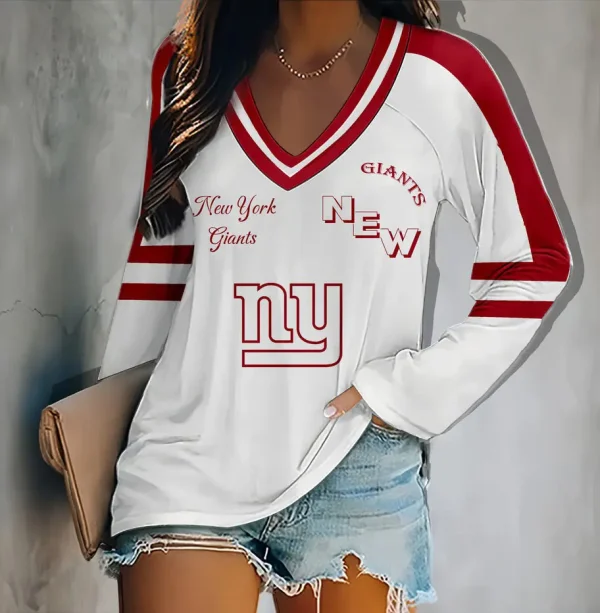 New York Giants Women's V-neck Double-layered Long-sleeved Loose Shirt BGVPS103