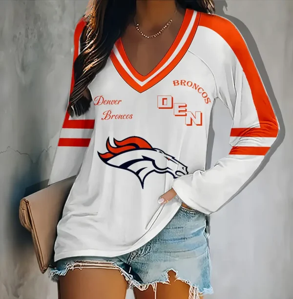 Denver Broncos Women's V-neck Double-layered Long-sleeved Loose Shirt BGVPS104