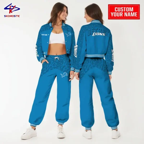 Detroit Lions Combo Crop Varsity Jacket And Sweatpants SPTBBJACKET353 - Image 2