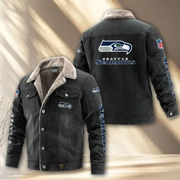 Seattle Seahawks Fleece Lined Denim Jacket PURDJ028 - Image 3