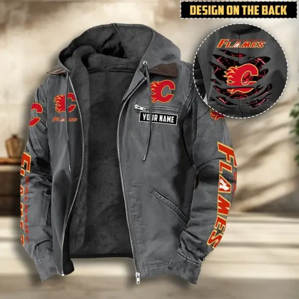 NHL Calgary Flames Men's Casual Padded Jacket Hooded VITHCJ184 - Image 4