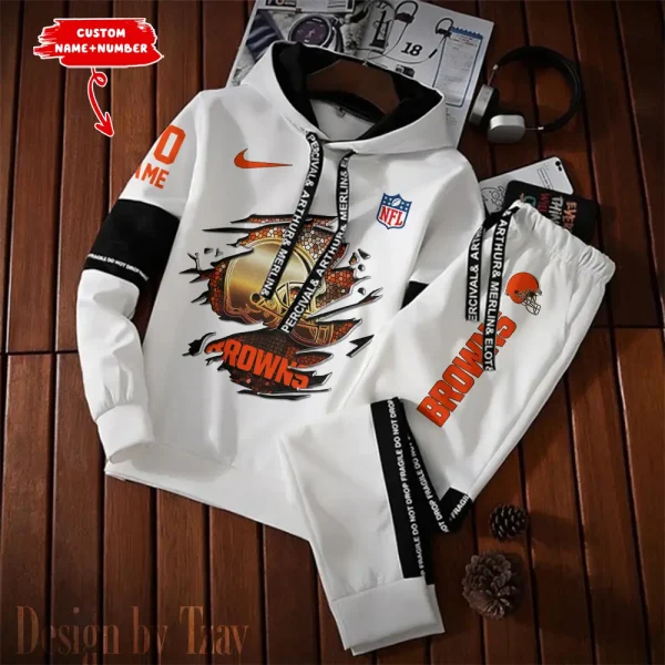 Cleveland Browns New Fashion Casual Sportswear: Stylish Hooded Sweatshirt and Jogger Pants Set for Men SPTCSSW008