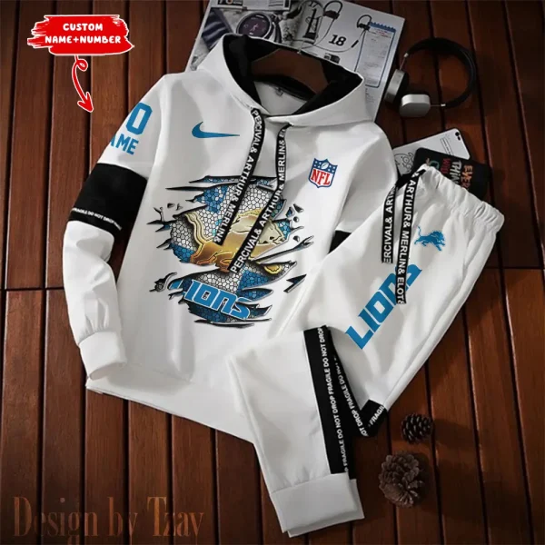 Detroit Lions New Fashion Casual Sportswear: Stylish Hooded Sweatshirt and Jogger Pants Set for Men SPTCSSW011