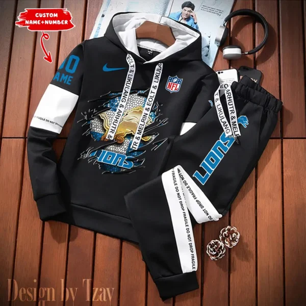 Detroit Lions New Fashion Casual Sportswear: Stylish Hooded Sweatshirt and Jogger Pants Set for Men SPTCSSW011 - Image 2