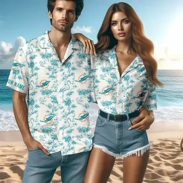 Miami Dolphins Mix And Toile De Jouy Pattern Couple Hawaiian Shirt