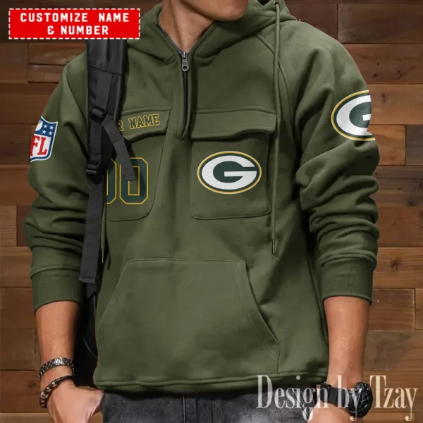 Green Bay Packers NFL Multi Pocket Zipper Retro Hoodie AZVMHD705 - Image 3