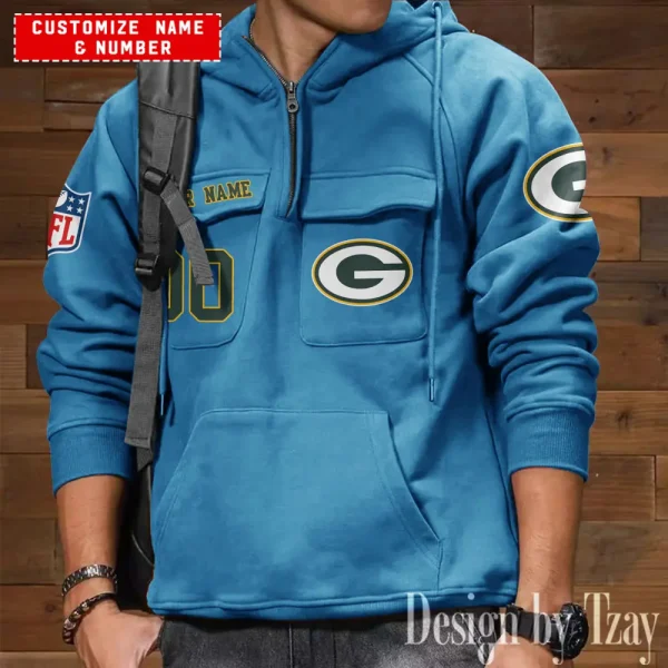 Green Bay Packers NFL Multi Pocket Zipper Retro Hoodie AZVMHD705 - Image 4