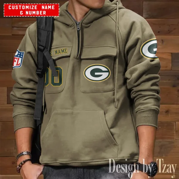 Green Bay Packers NFL Multi Pocket Zipper Retro Hoodie AZVMHD705 - Image 5