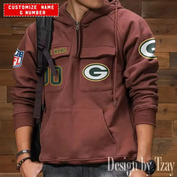 Green Bay Packers NFL Multi Pocket Zipper Retro Hoodie AZVMHD705 - Image 7