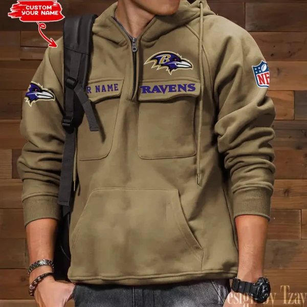 Baltimore Ravens Multi Pocket Zipper Retro Hoodie AZVMHD672 - Image 2