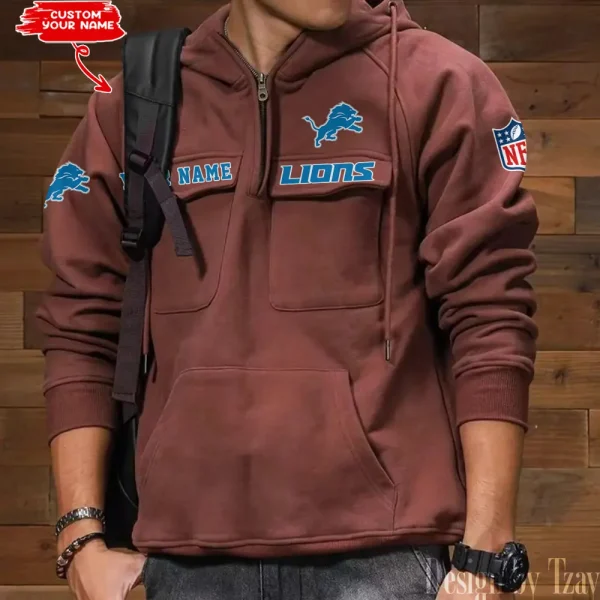 Detroit Lions Multi Pocket Zipper Retro Hoodie AZVMHD680 - Image 3