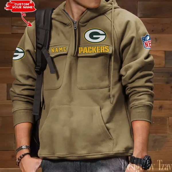 Green Bay Packers Multi Pocket Zipper Retro Hoodie AZVMHD681 - Image 3