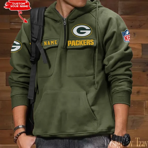 Green Bay Packers Multi Pocket Zipper Retro Hoodie AZVMHD681