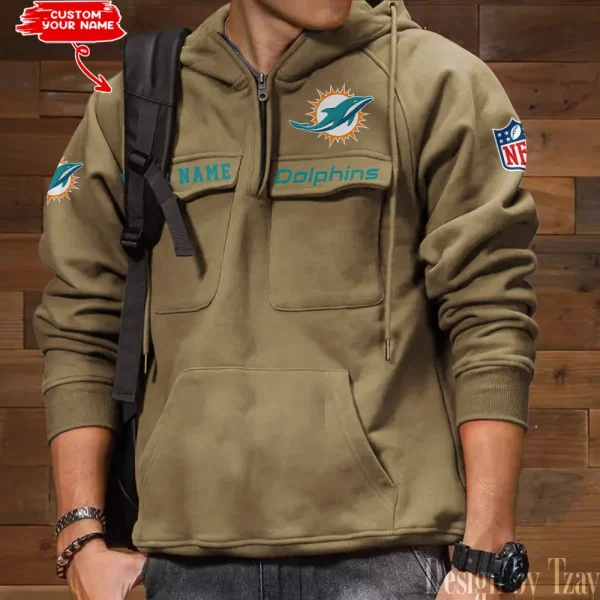 Miami Dolphins Multi Pocket Zipper Retro Hoodie AZVMHD689 - Image 3