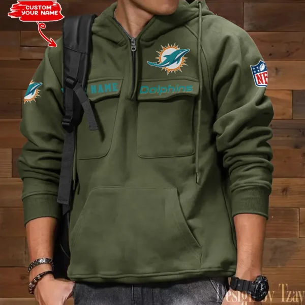 Miami Dolphins Multi Pocket Zipper Retro Hoodie AZVMHD689 - Image 4