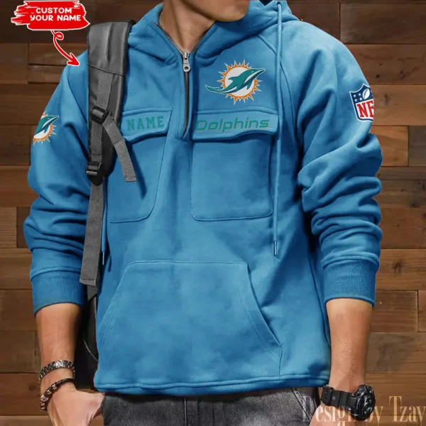 Miami Dolphins Multi Pocket Zipper Retro Hoodie AZVMHD689 - Image 5