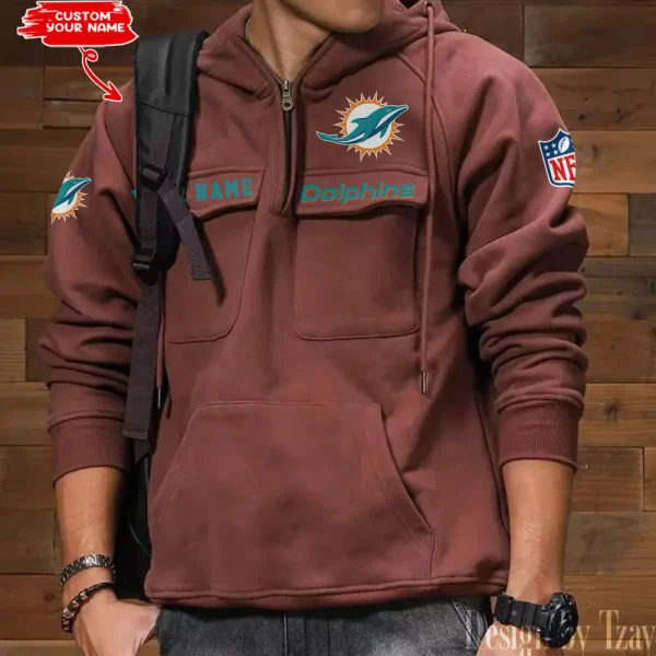 Miami Dolphins Multi Pocket Zipper Retro Hoodie AZVMHD689 - Image 6