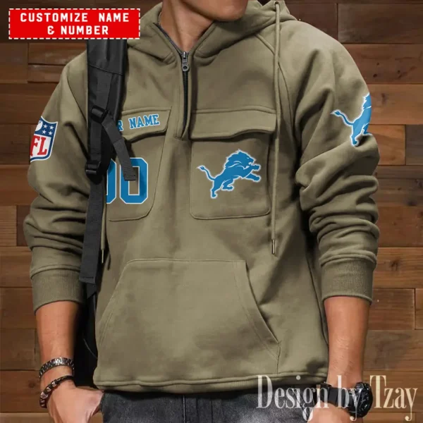 Detroit Lions NFL Multi Pocket Zipper Retro Hoodie AZVMHD715 - Image 2