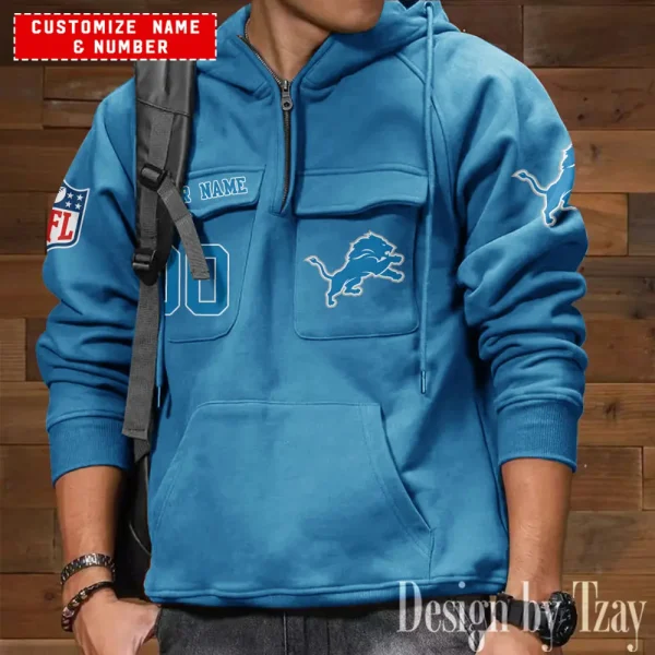 Detroit Lions NFL Multi Pocket Zipper Retro Hoodie AZVMHD715 - Image 3