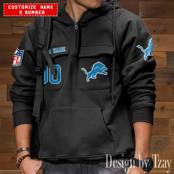 Detroit Lions NFL Multi Pocket Zipper Retro Hoodie AZVMHD715 - Image 6