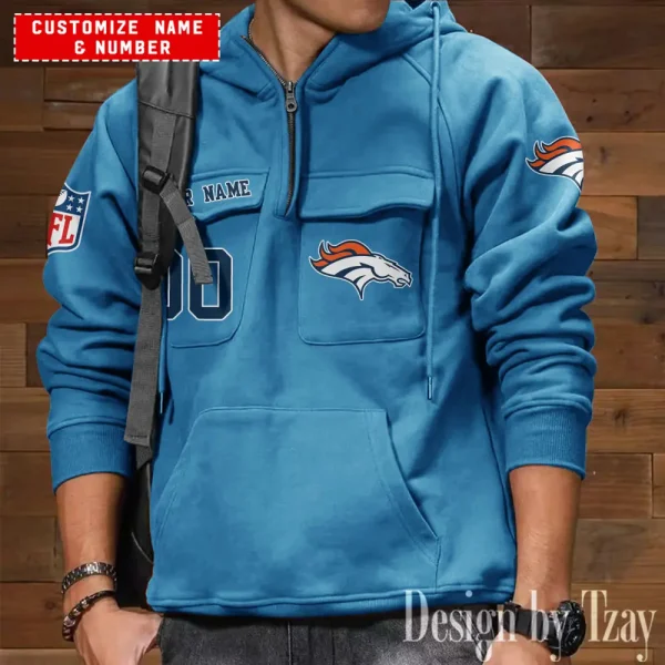 Denver Broncos NFL Multi Pocket Zipper Retro Hoodie AZVMHD716 - Image 4