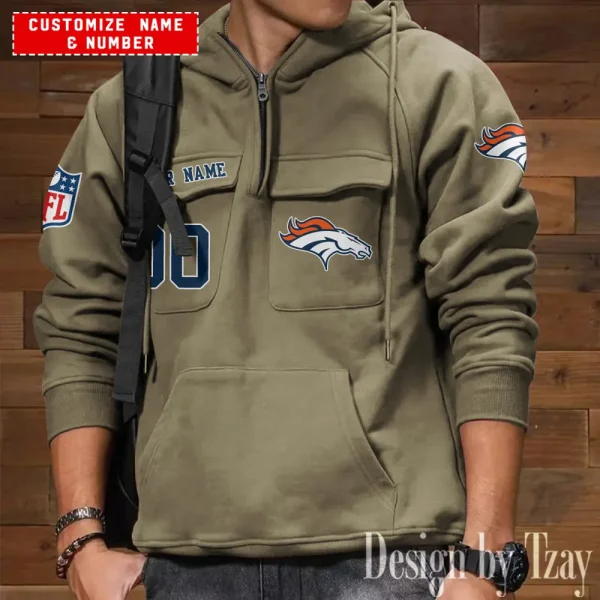 Denver Broncos NFL Multi Pocket Zipper Retro Hoodie AZVMHD716 - Image 5