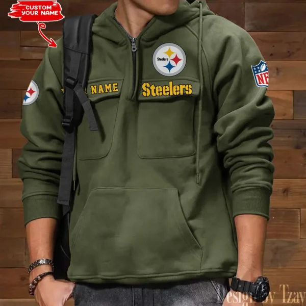 Pittsburgh Steelers Multi Pocket Zipper Retro Hoodie AZVMHD696 - Image 4