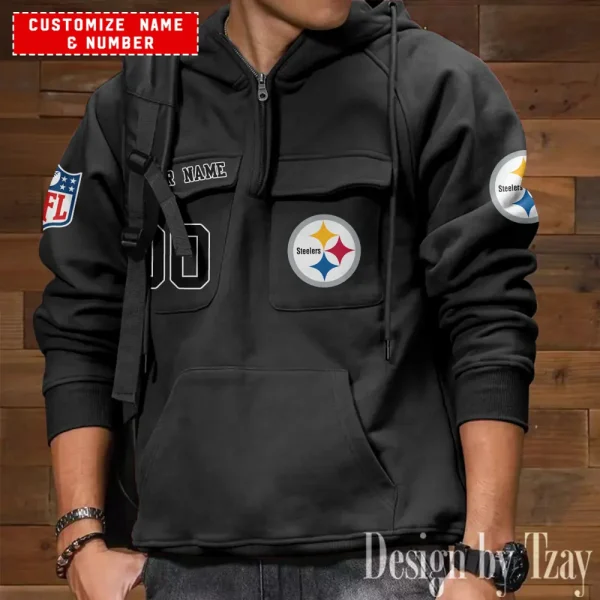 Pittsburgh Steelers NFL Multi Pocket Zipper Retro Hoodie AZVMHD720 - Image 2