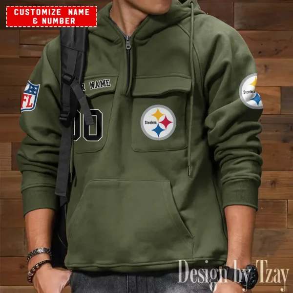 Pittsburgh Steelers NFL Multi Pocket Zipper Retro Hoodie AZVMHD720 - Image 4