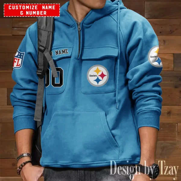 Pittsburgh Steelers NFL Multi Pocket Zipper Retro Hoodie AZVMHD720 - Image 5