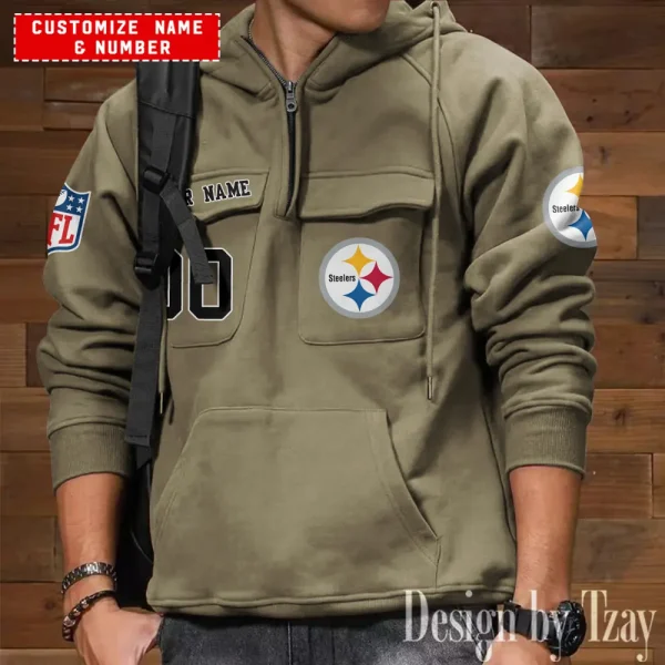 Pittsburgh Steelers NFL Multi Pocket Zipper Retro Hoodie AZVMHD720 - Image 6