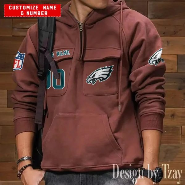 Philadelphia Eagles NFL Multi Pocket Zipper Retro Hoodie AZVMHD721 - Image 4